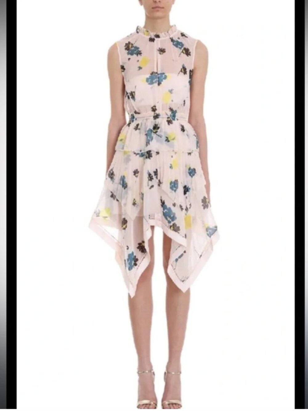 Self-Portrait Pink Green Black Chiffon Floral Pleated High Neck Midi Dress